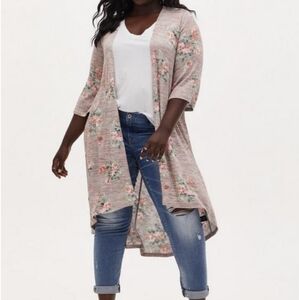 Torrid NWT long cardigan sweater floral kimono 3/4 sleeve 3X light brown orange